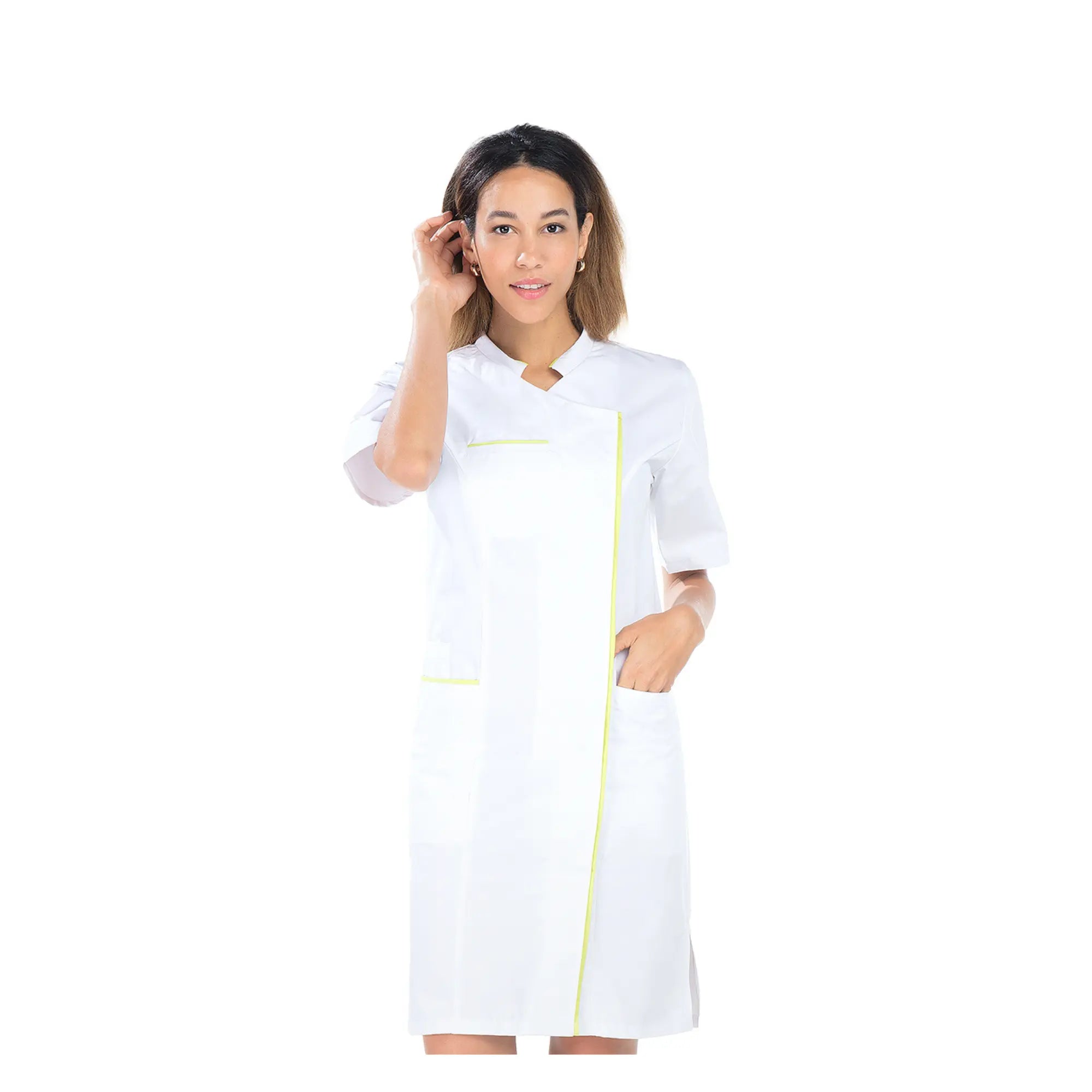 Aline - Blouse longue - Manches courtes - Femme - 100 cm My Podologie Sergé-Blanc-Grany-T6-XXXL